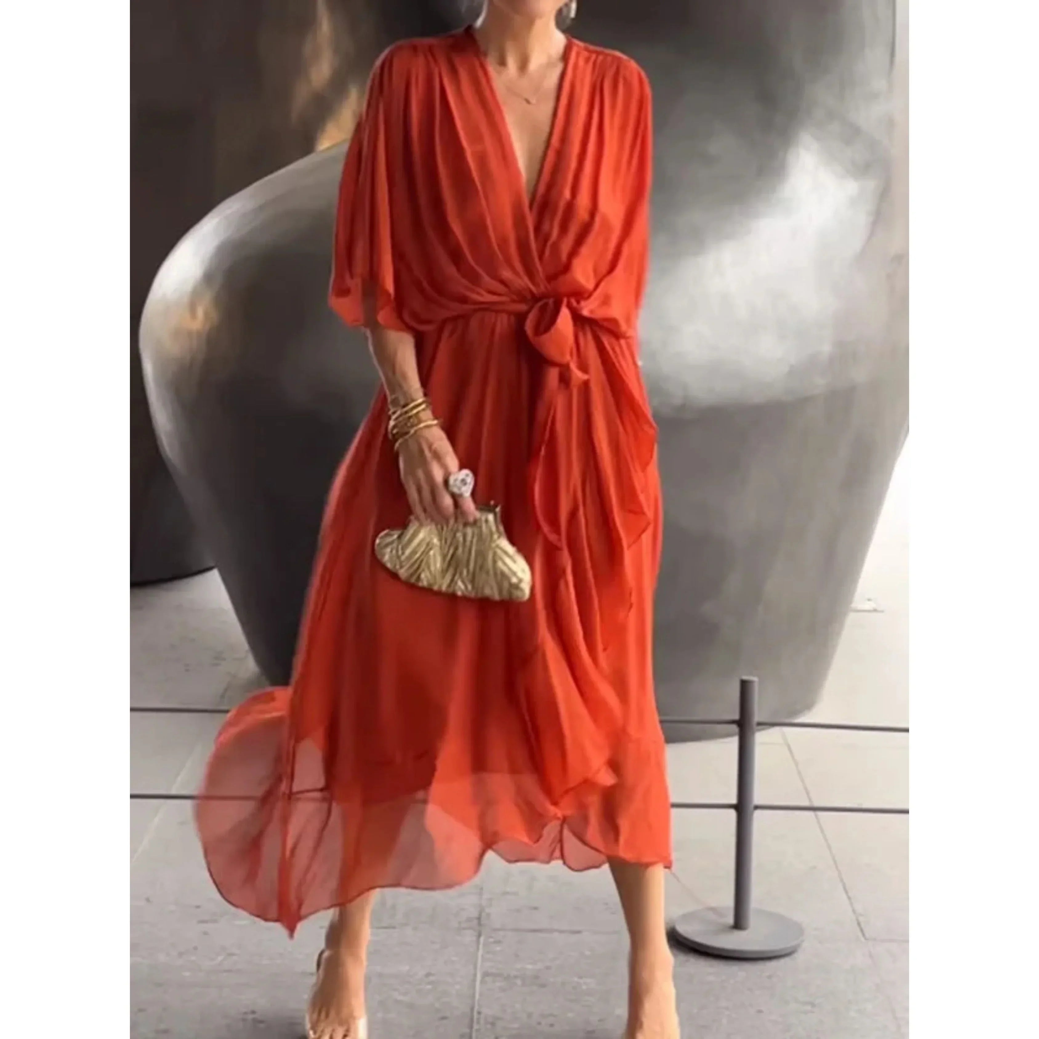 Women's Flowing Waist-Tie Midi Dress