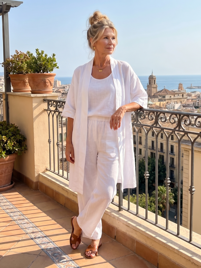 Ensemble détente trois pièces pour femme avec cardigan ouvert