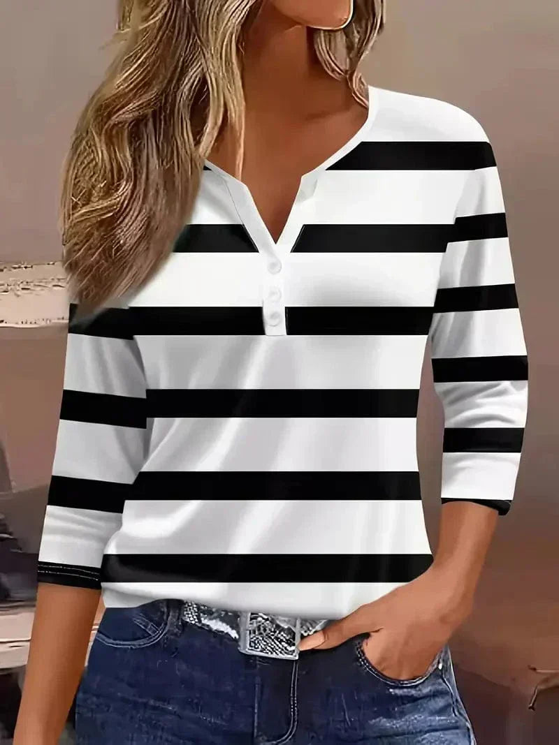 Women's Striped V-Neck Top with Three-Quarter Sleeves