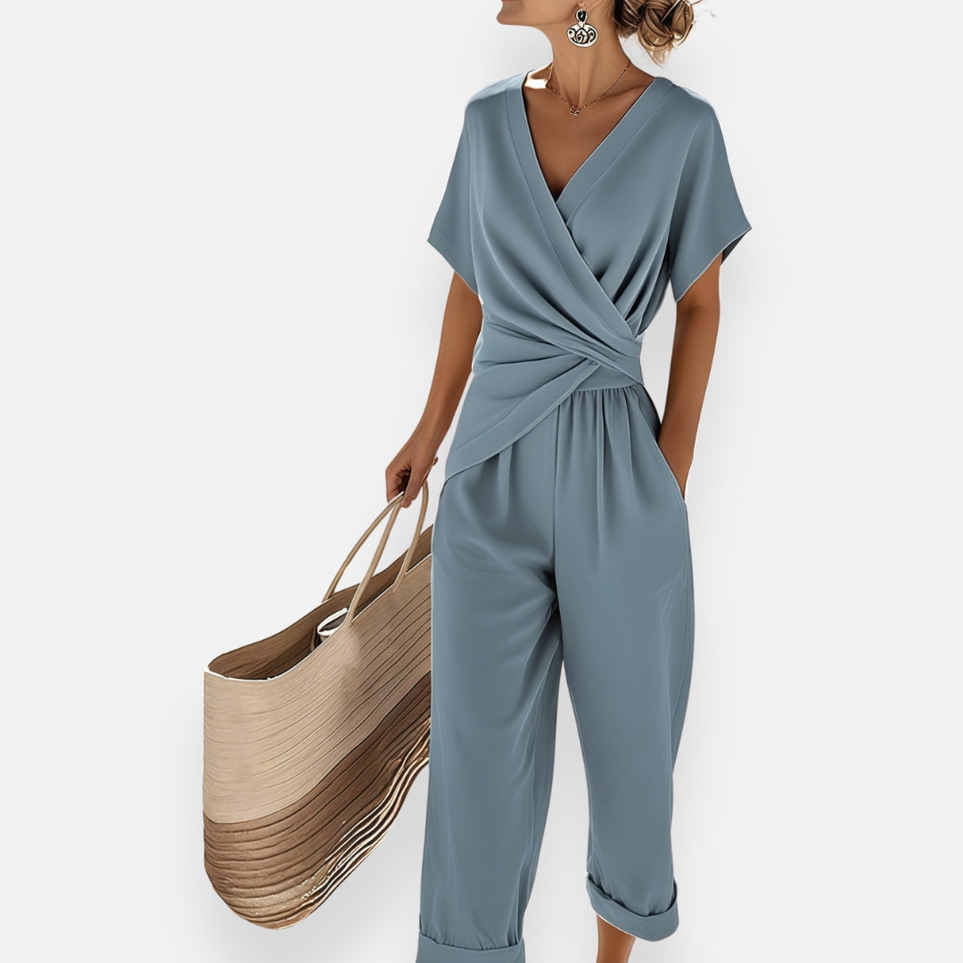 Women's Elegant V-Neck Short Sleeve Wrap Jumpsuit