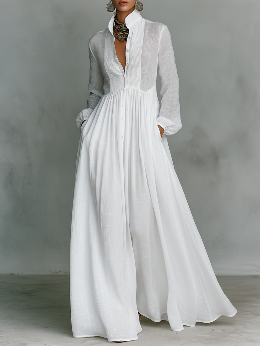 Women's Collared V-Neck Gathered Waist Maxi Dress