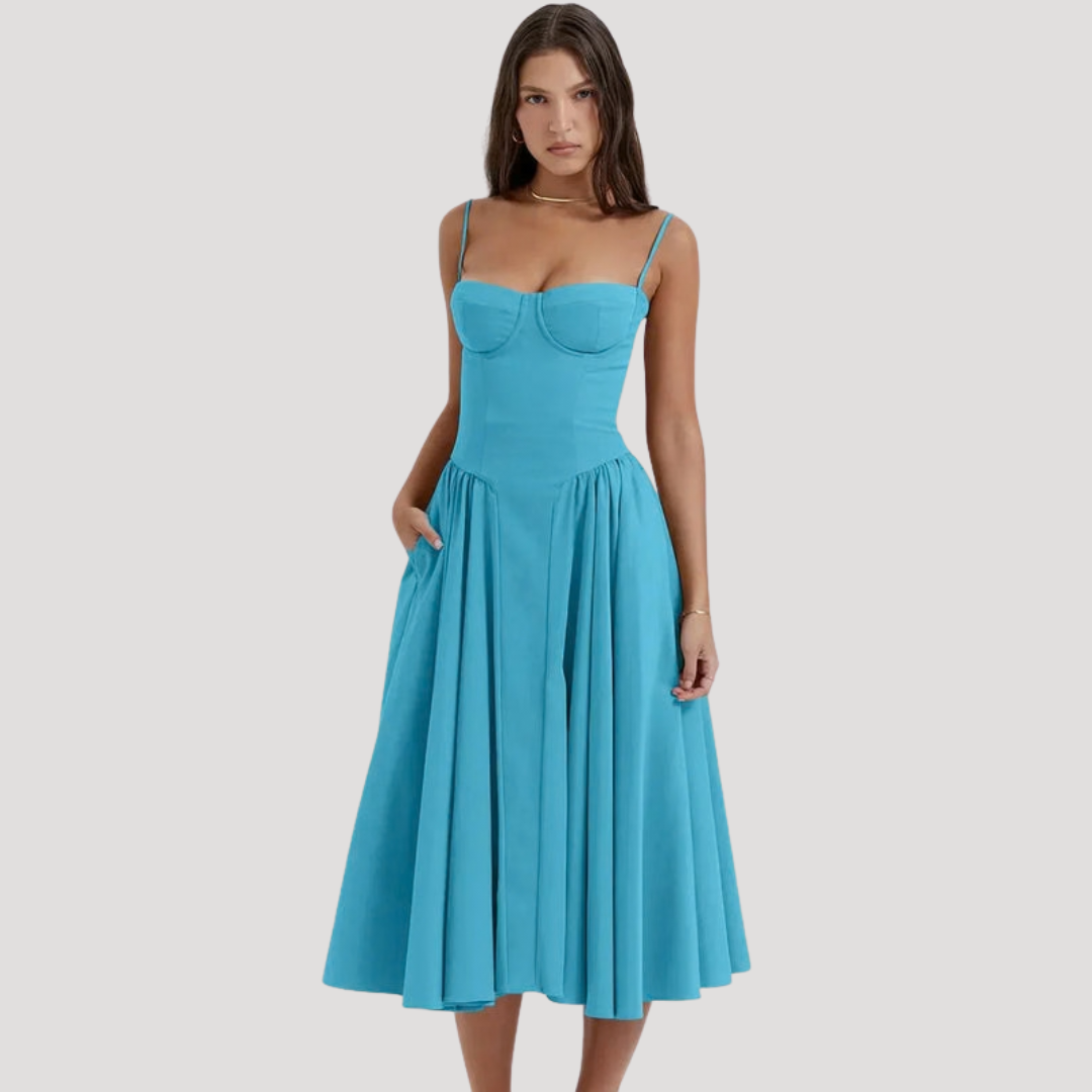 Women's Sweetheart Corset Bodice Midi Dress with Full A-Line Skirt