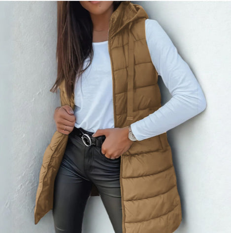 Women's Sleeveless Hooded Long Puffer Vest