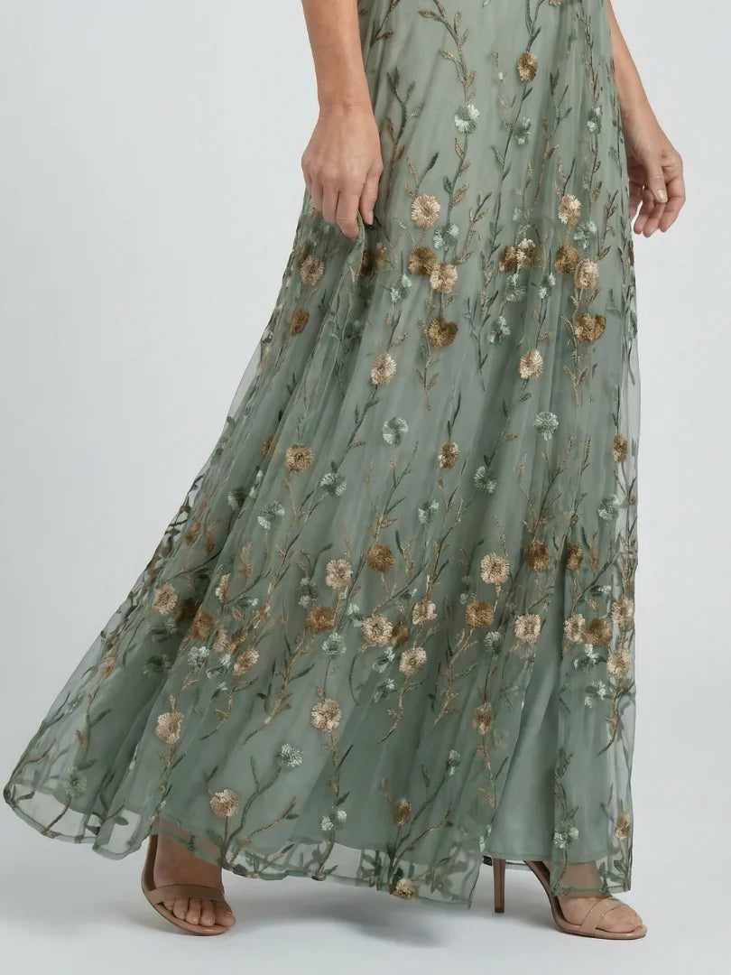 Robe maxi fleurie pour femme avec manches volantées et ceinture à la taille