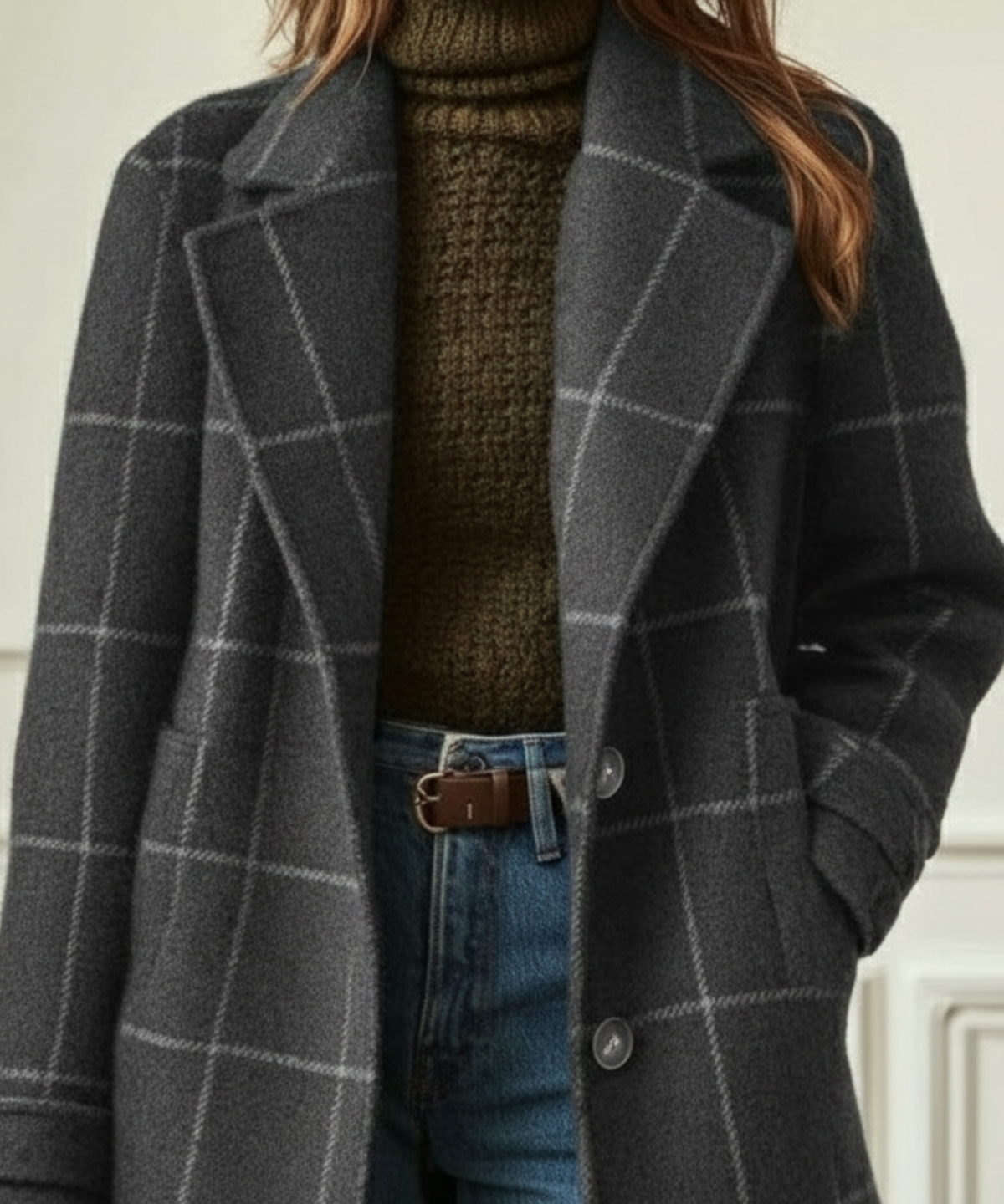 Manteau long à carreaux pour femme avec col cranté