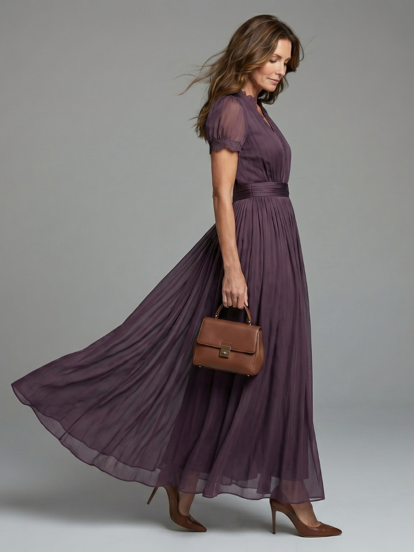 Robe maxi plissée pour femme avec col en V orné de dentelle
