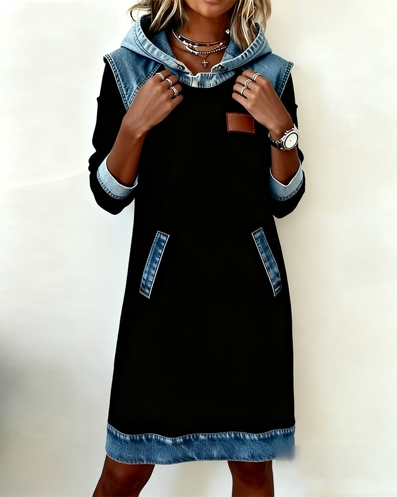 Women's Hooded Denim Accent Sweatshirt Dress with Pockets