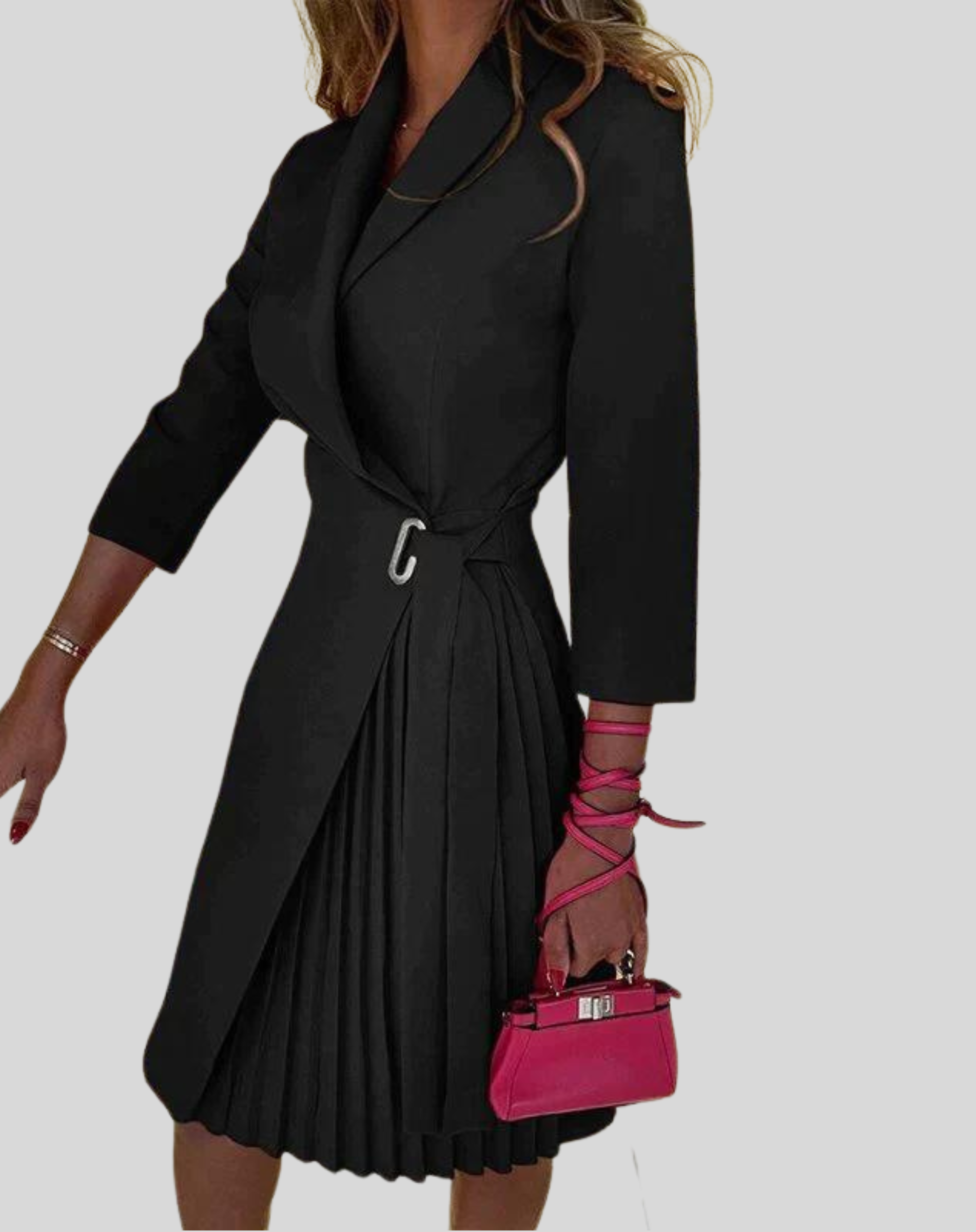 Women's Long Sleeve Belted Pleated Midi Dress