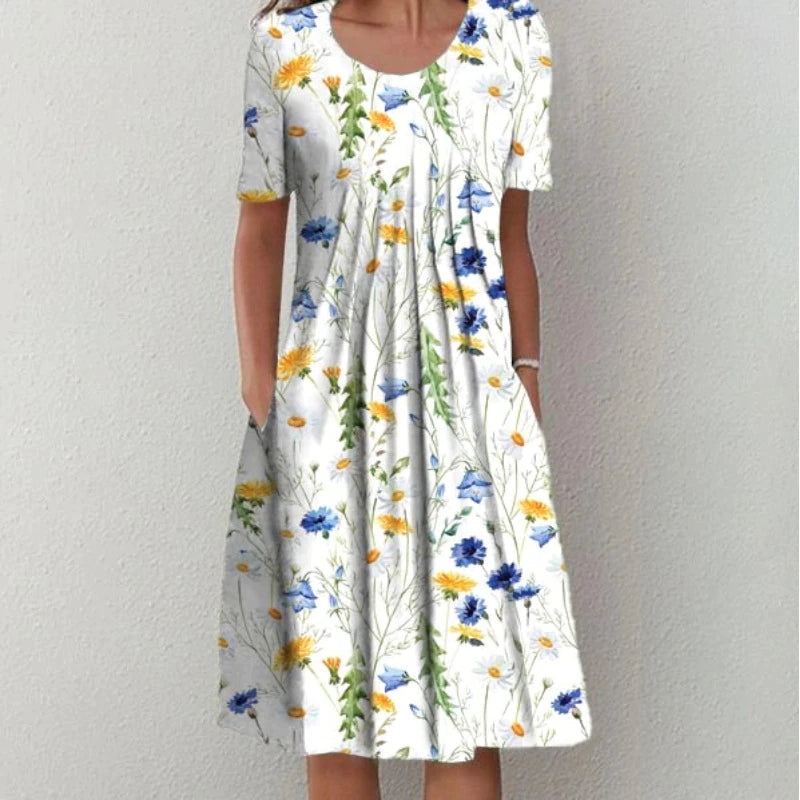 Abito estivo casual da donna con fiori, linea ad A e lunghezza midi