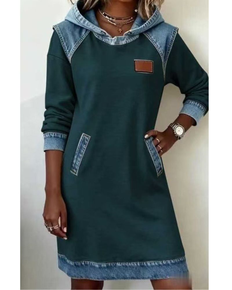Women's Hooded Denim Accent Sweatshirt Dress with Pockets