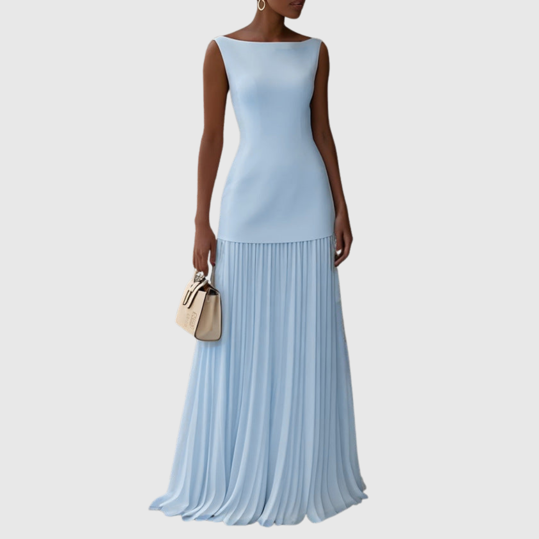 Robe longue plissée pour femme avec encolure bateau