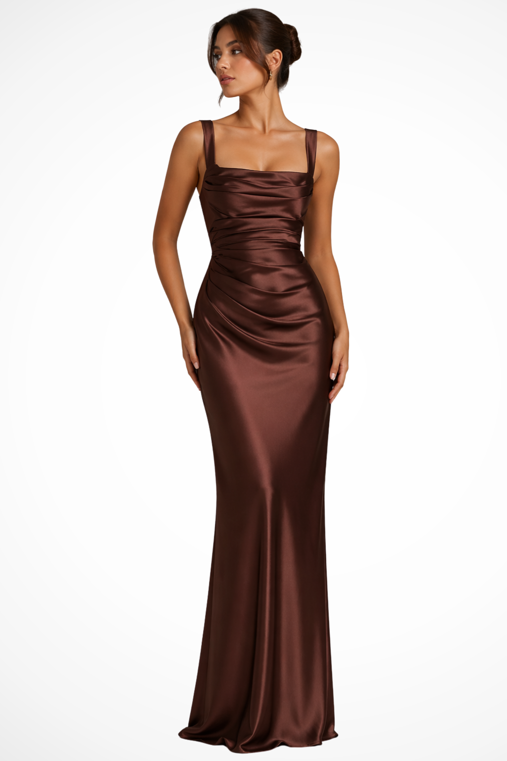 Robe maxi en satin froncée pour femme avec col carré