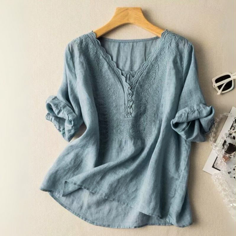 Blouse Femme Brodée Col V avec Coupe Décontractée
