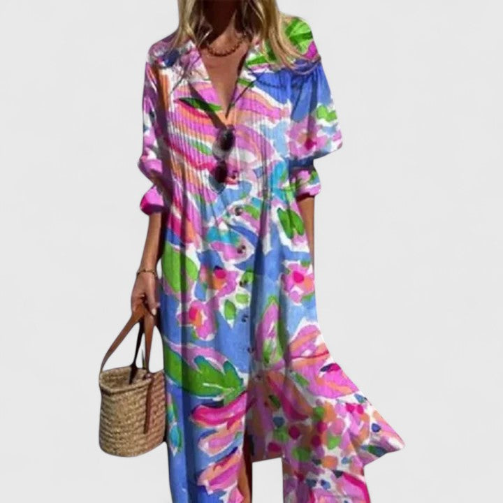 Robe longue bohème imprimée pour femme à manches trois-quarts