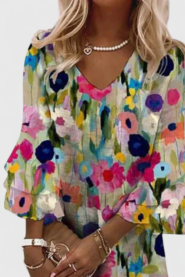 Robe courte fleurie pour femmes avec manches évasées