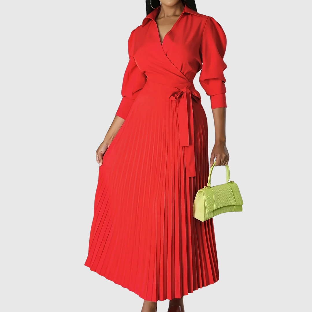 Women's Pleated Wrap Midi Dress with Tie Waist