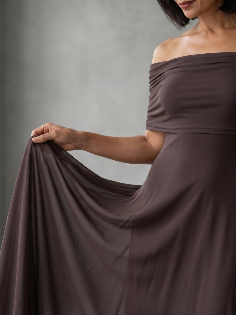 Women's Off Shoulder Midi Dress with Draped Bodice