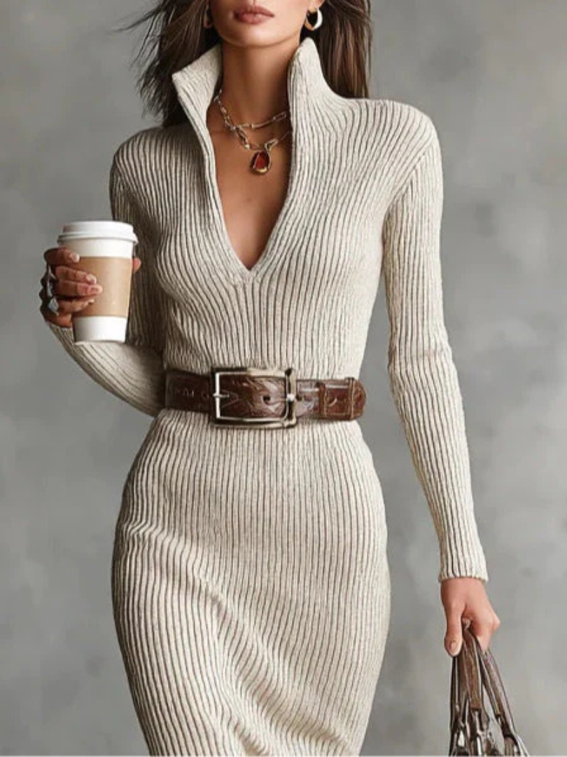 Abito midi da donna in maglia a coste con cintura