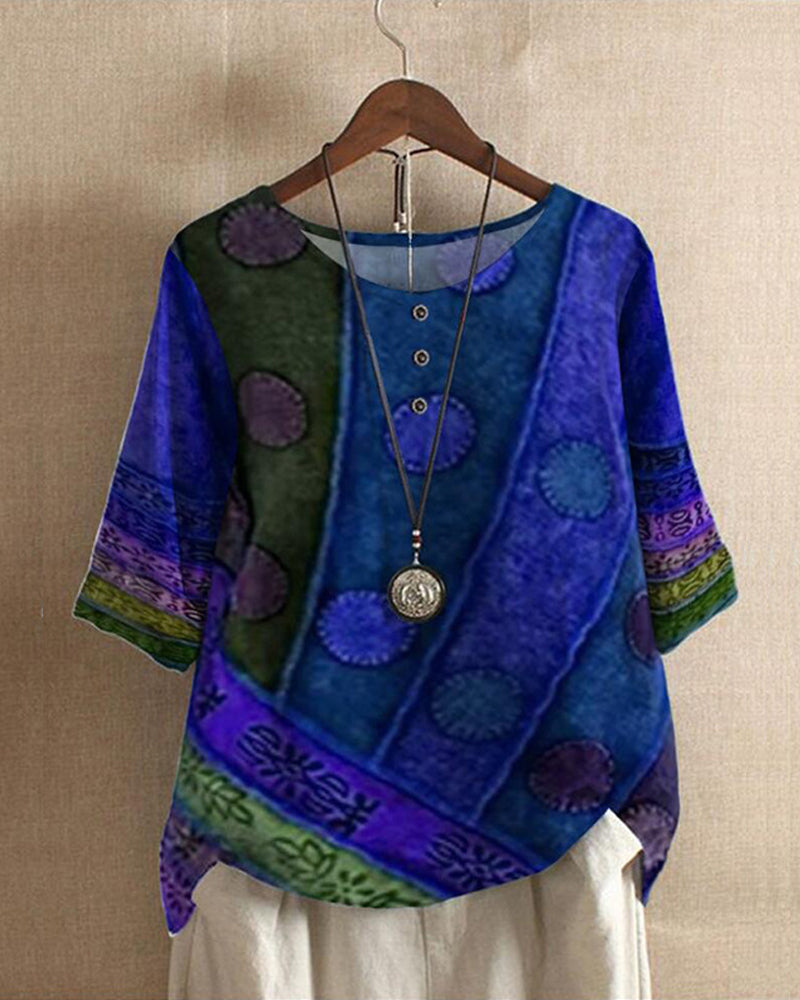 Women's Vintage Patchwork Print Relaxed Tunic Blouse