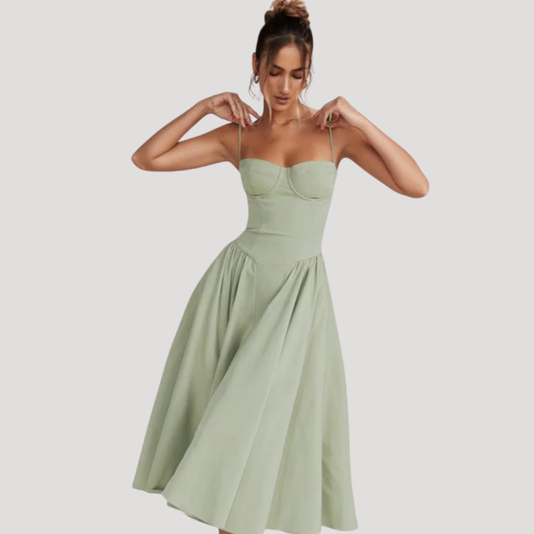 Women's Sweetheart Corset Bodice Midi Dress with Full A-Line Skirt