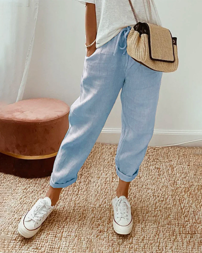  Pantalon femme à coupe décontractée et taille haute avec poches