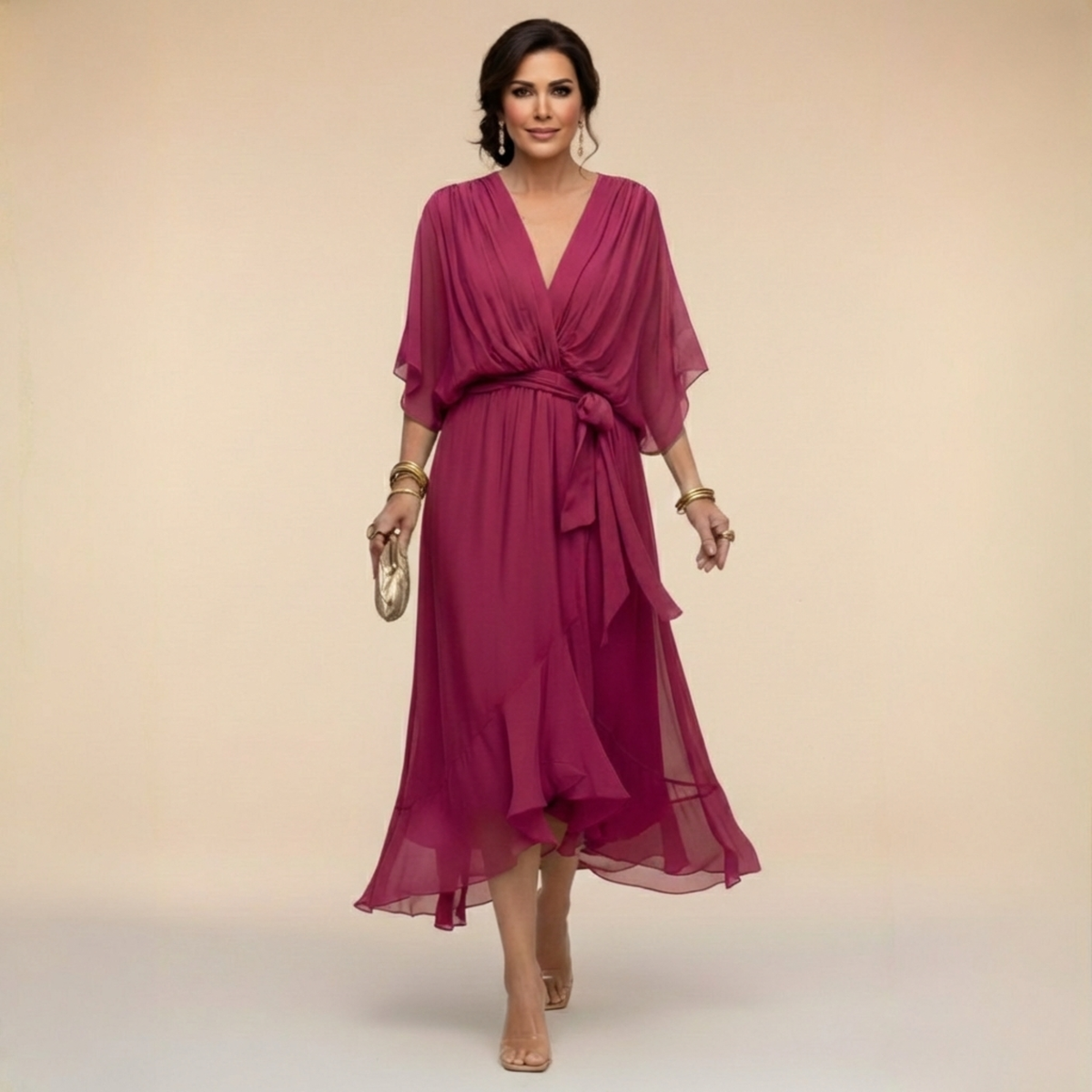 Women's Midi Dress with V-Neck and Adjustable Waist