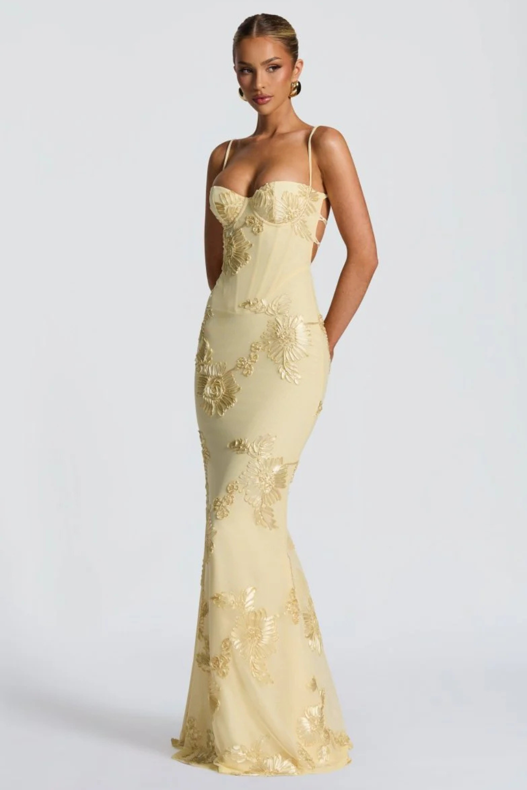 Robe longue corset brodée de fleurs pour femme avec bretelles fines