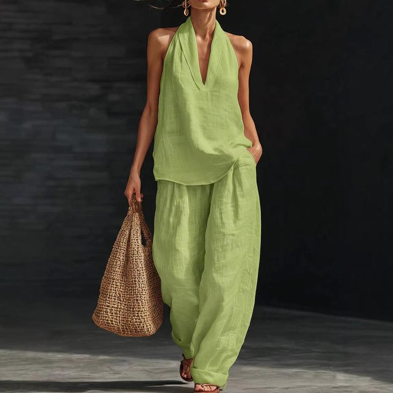 Ensemble composé d’un haut dos nu sans manches et d’un pantalon à jambes larges pour femme