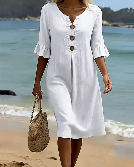 Robe midi pour femme à col en V, boutonnée sur le devant, avec manches à volants
