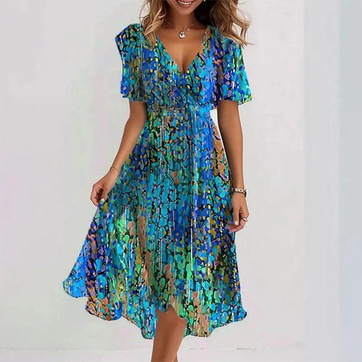 Robe midi portefeuille fleurie femme style estival élégant