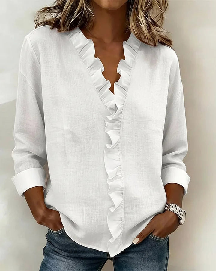 Women's Ruffled V-Neck Long Sleeve Blouse
