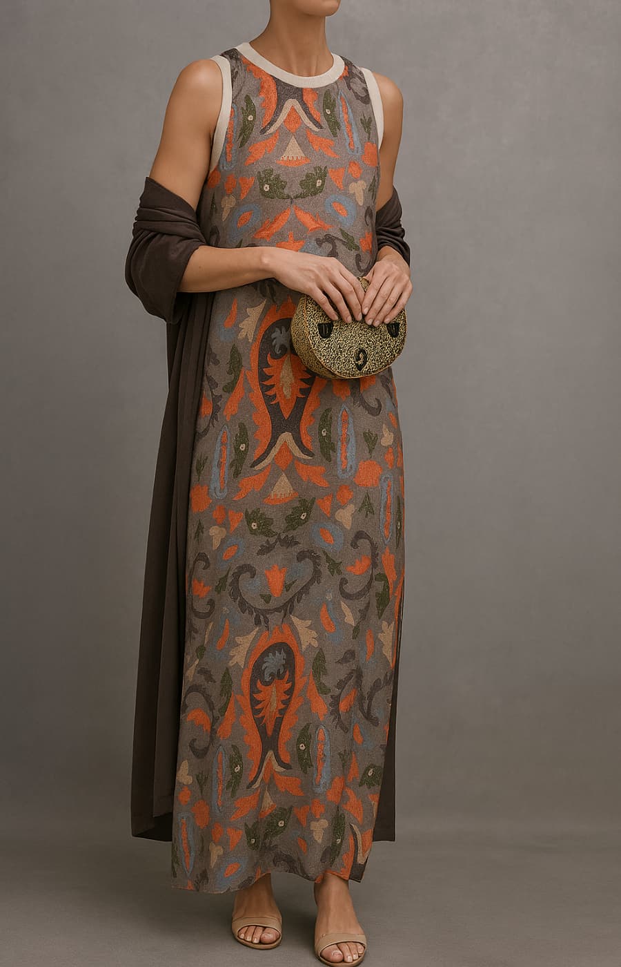 Women's Boho Printed Maxi Dress & Shawl Set