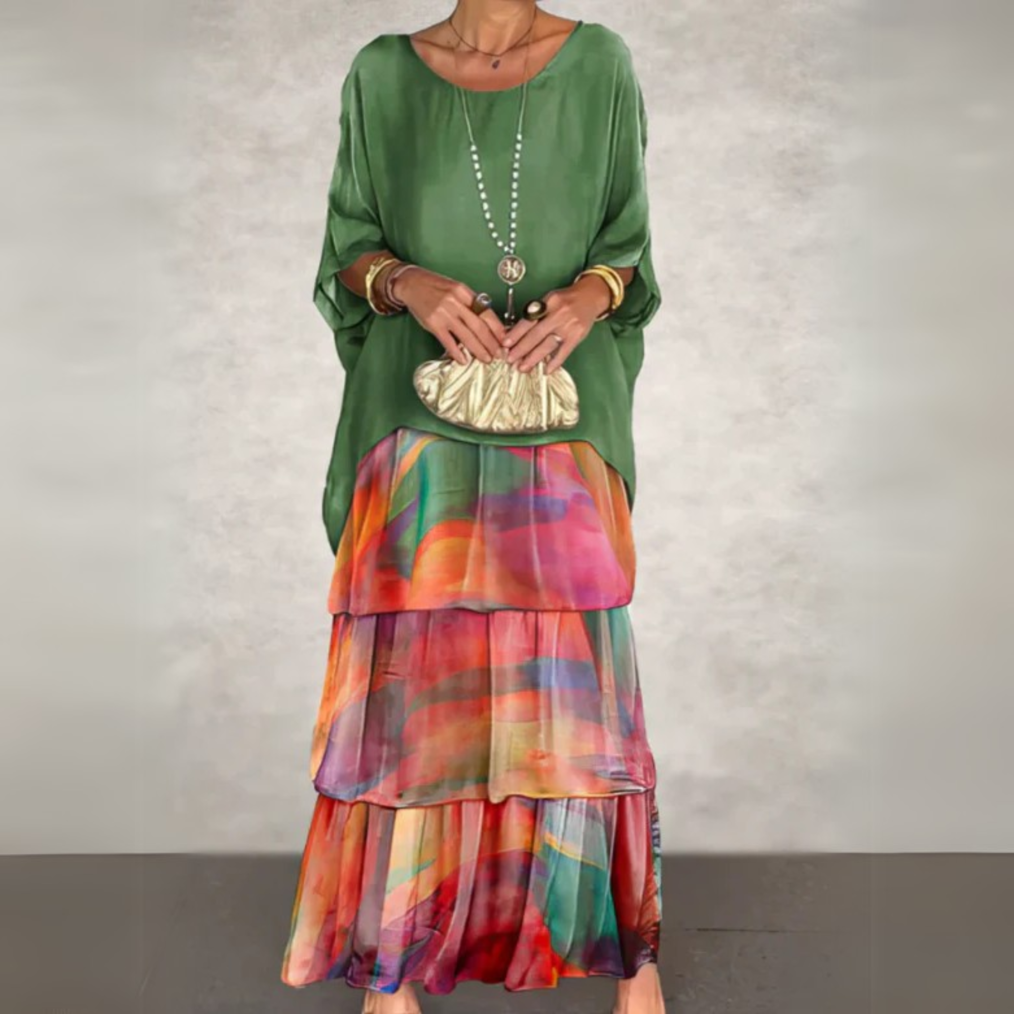 Women’s Boho Layered Maxi Dress Set Flowy Batwing Top & Tiered Skirt Outfit
