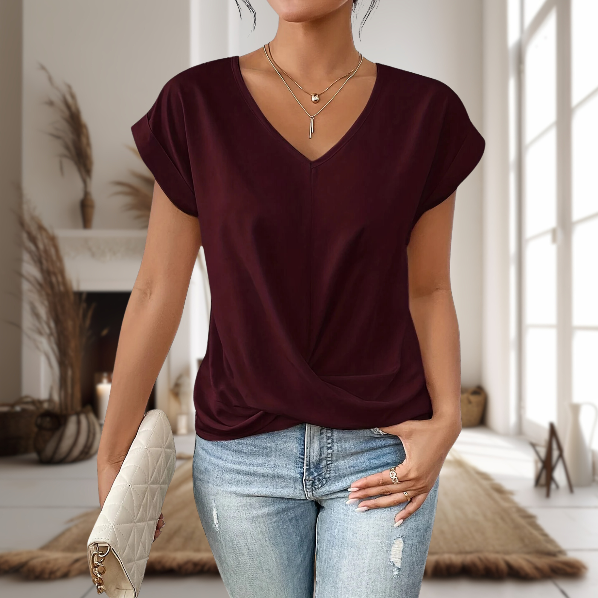 Haut décontracté à col en V pour femme, manches courtes, coupe ample