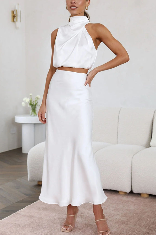 Ensemble deux pièces pour femme avec haut dos nu style satin et jupe longue
