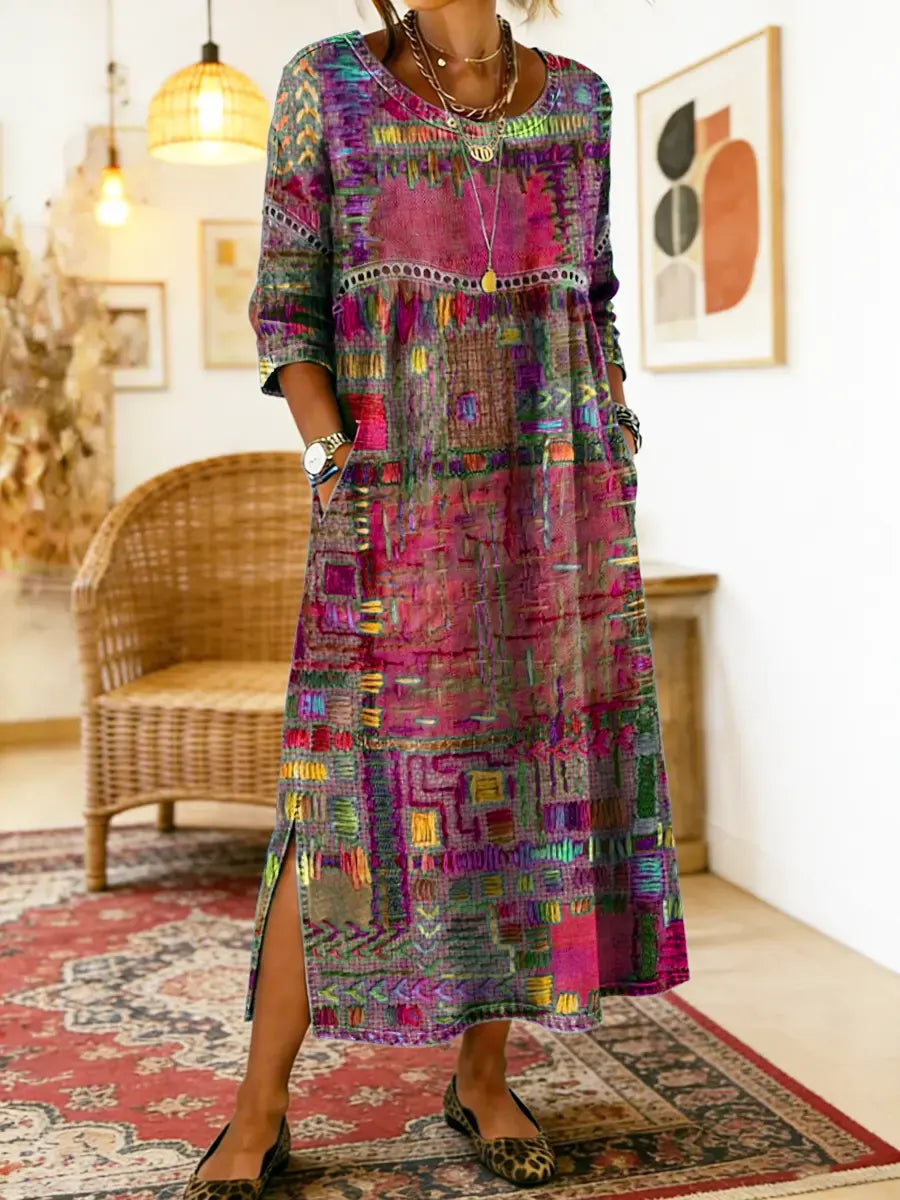 Robe midi bohème patchwork pour femme