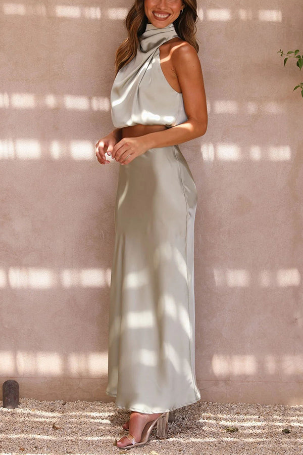 Ensemble deux pièces pour femme avec haut dos nu style satin et jupe longue