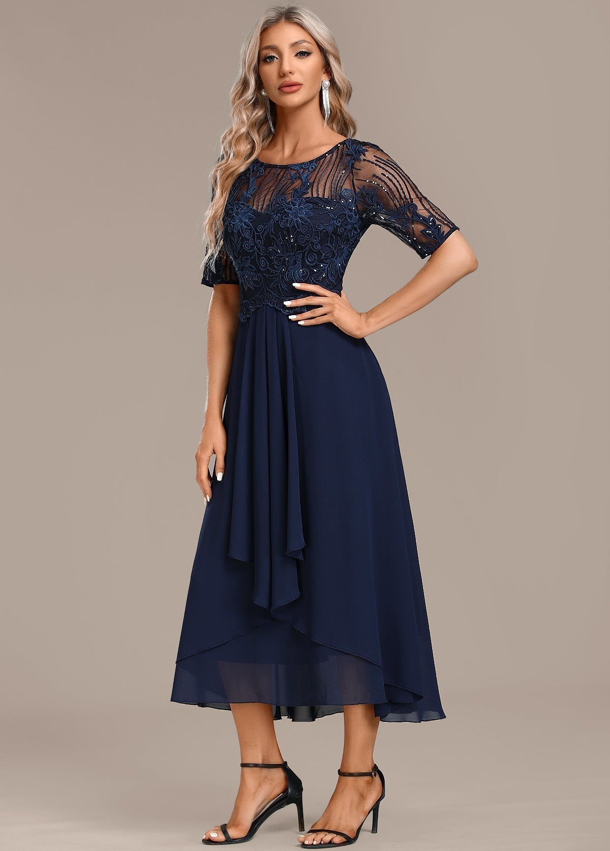 Women's Elegant Lace Chiffon Midi Dress