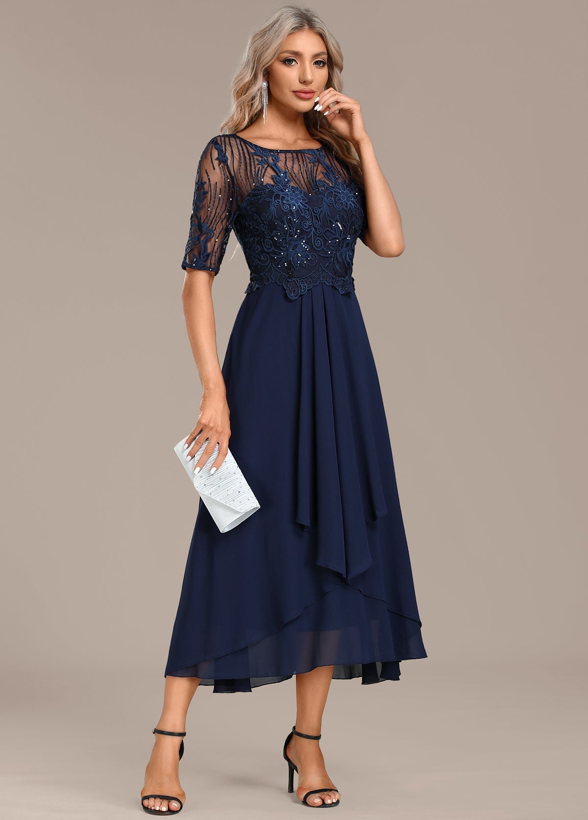 Women's Elegant Lace Chiffon Midi Dress