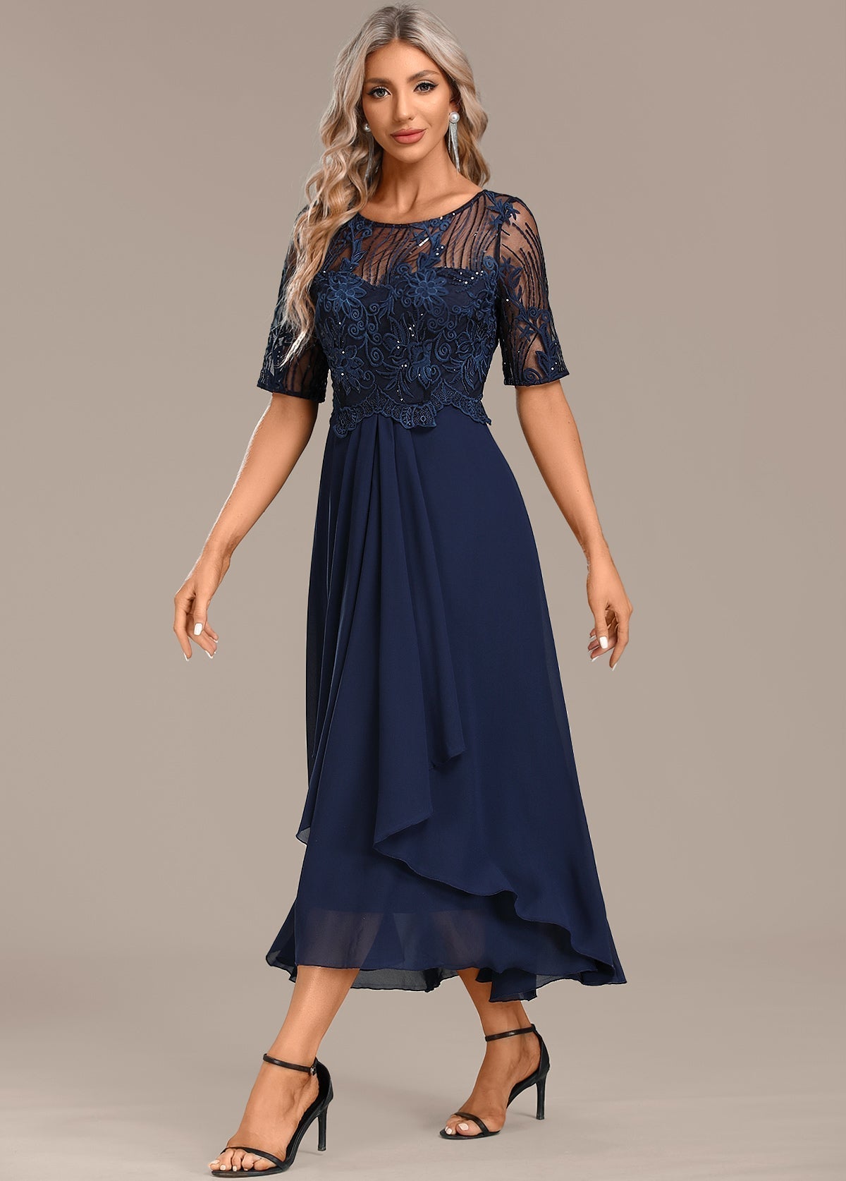 Women's Elegant Lace Chiffon Midi Dress
