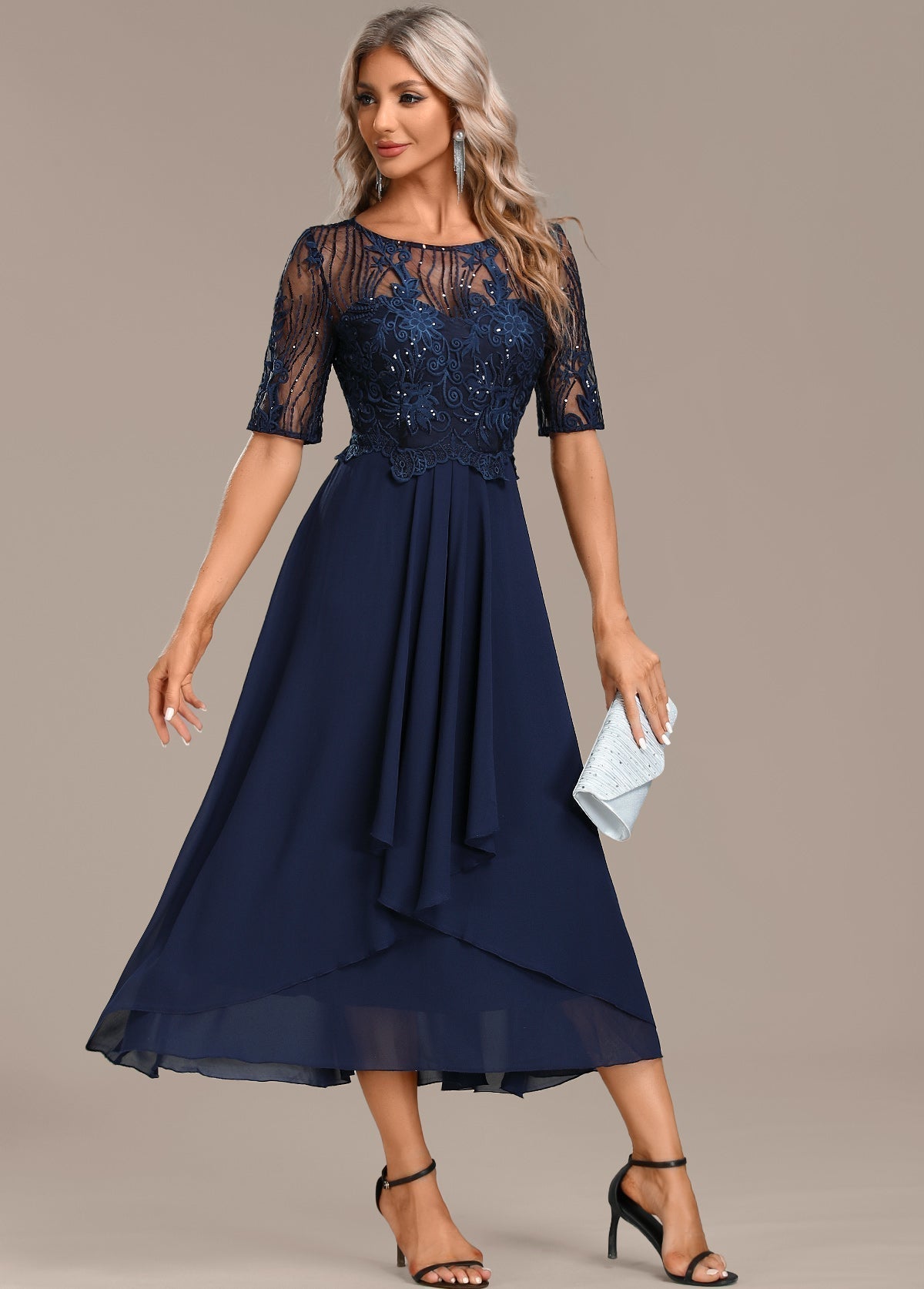 Women's Elegant Lace Chiffon Midi Dress