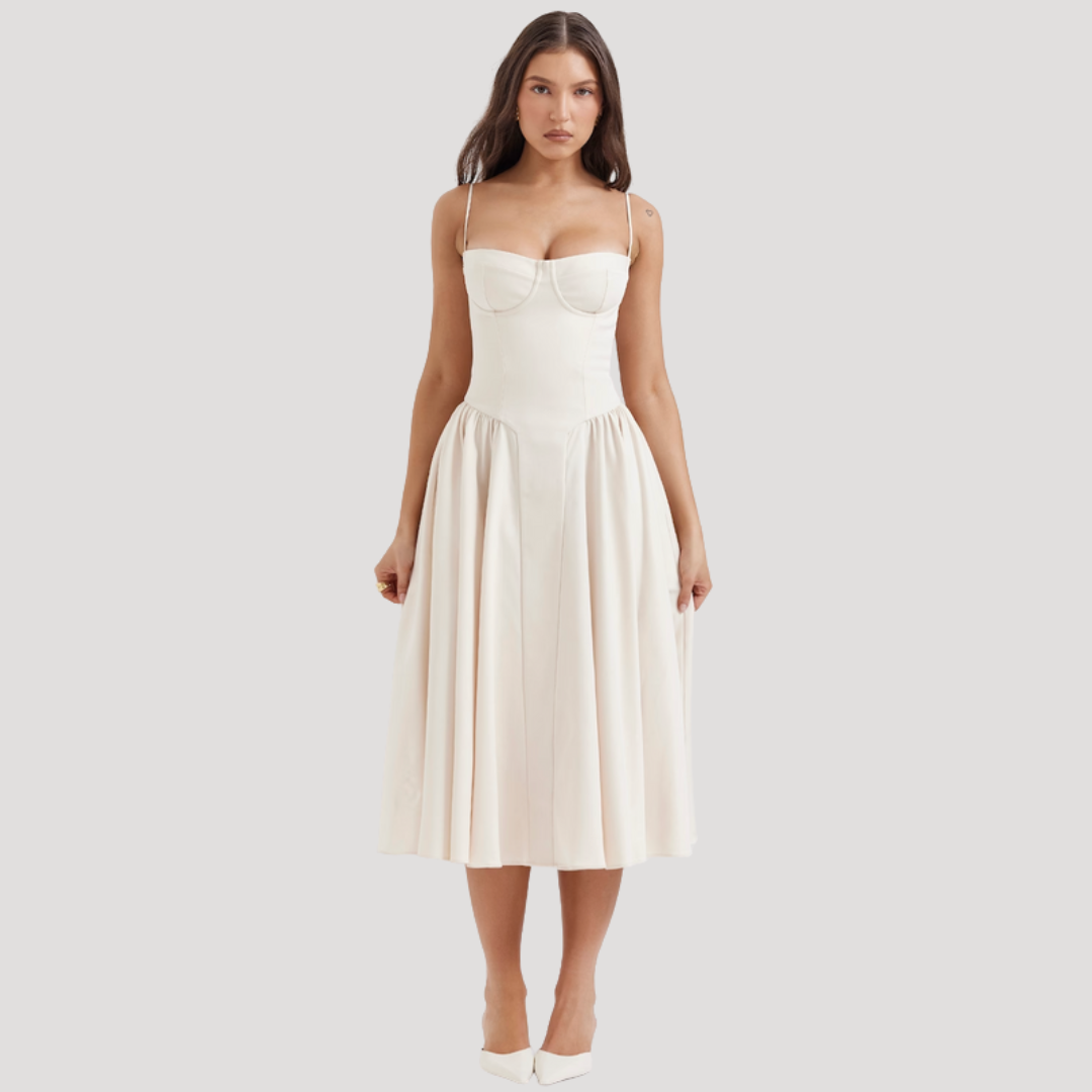 Women's Sweetheart Corset Bodice Midi Dress with Full A-Line Skirt