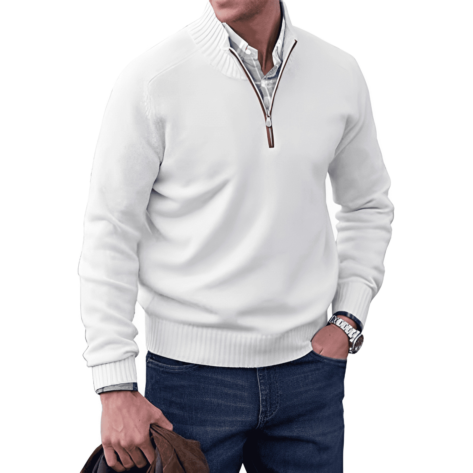 Maglione da uomo con zip a un quarto e dettagli a coste
