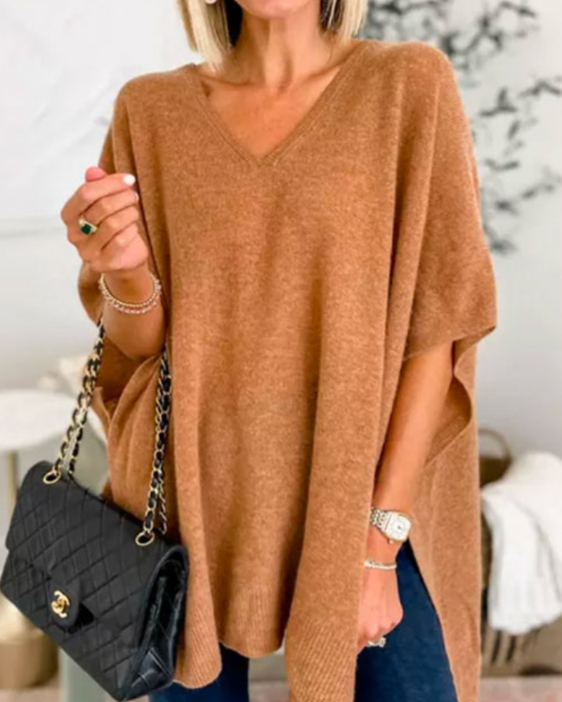Women's V-Neck Knit Tunic Short-Sleeve Sweater