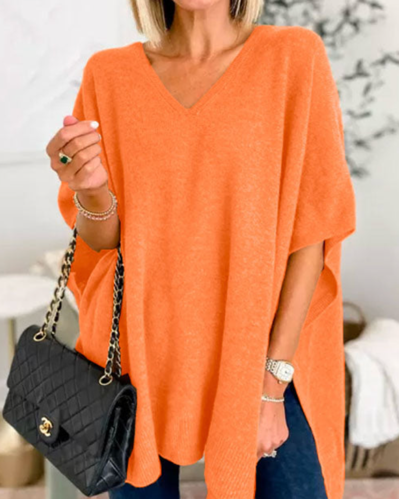 Women's V-Neck Knit Tunic Short-Sleeve Sweater