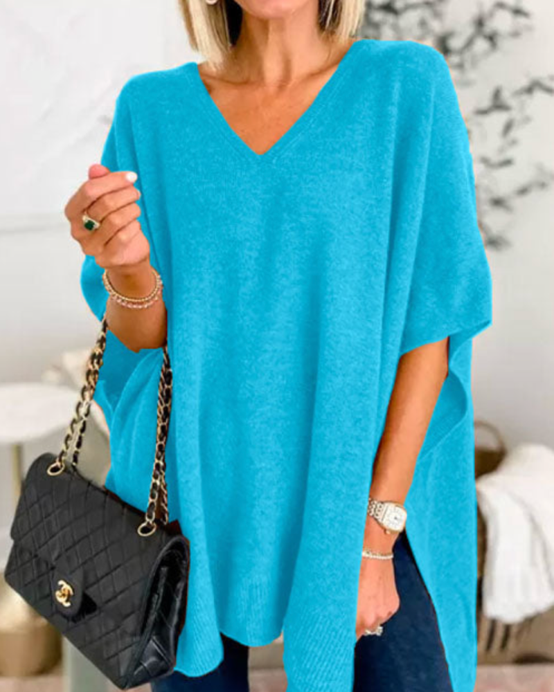 Women's V-Neck Knit Tunic Short-Sleeve Sweater