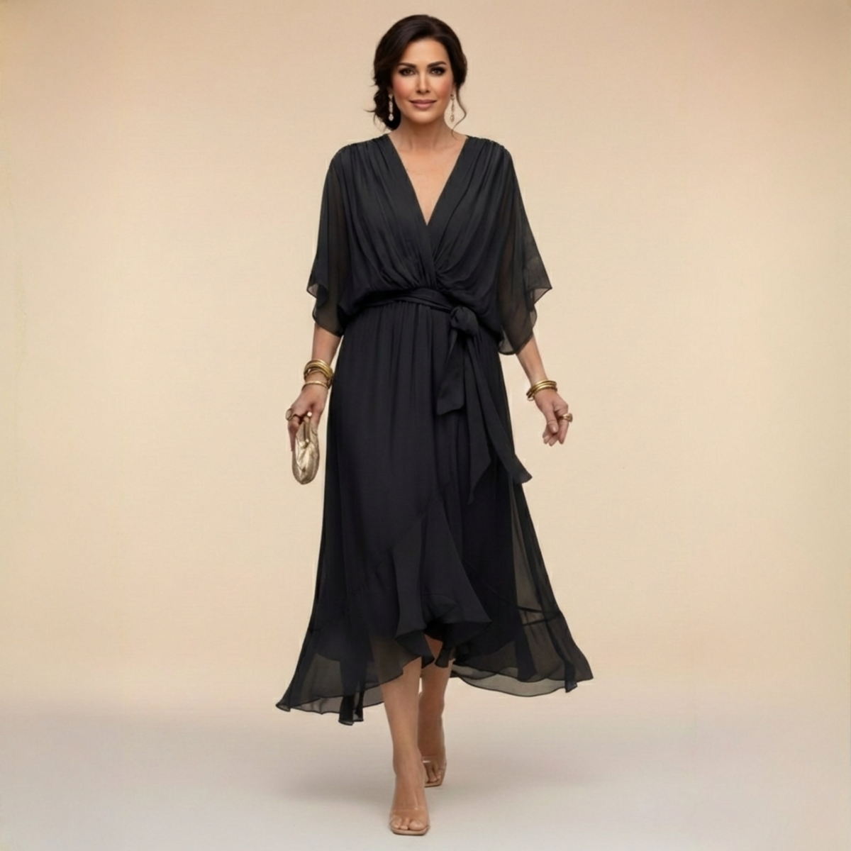 Women's Midi Dress with V-Neck and Adjustable Waist
