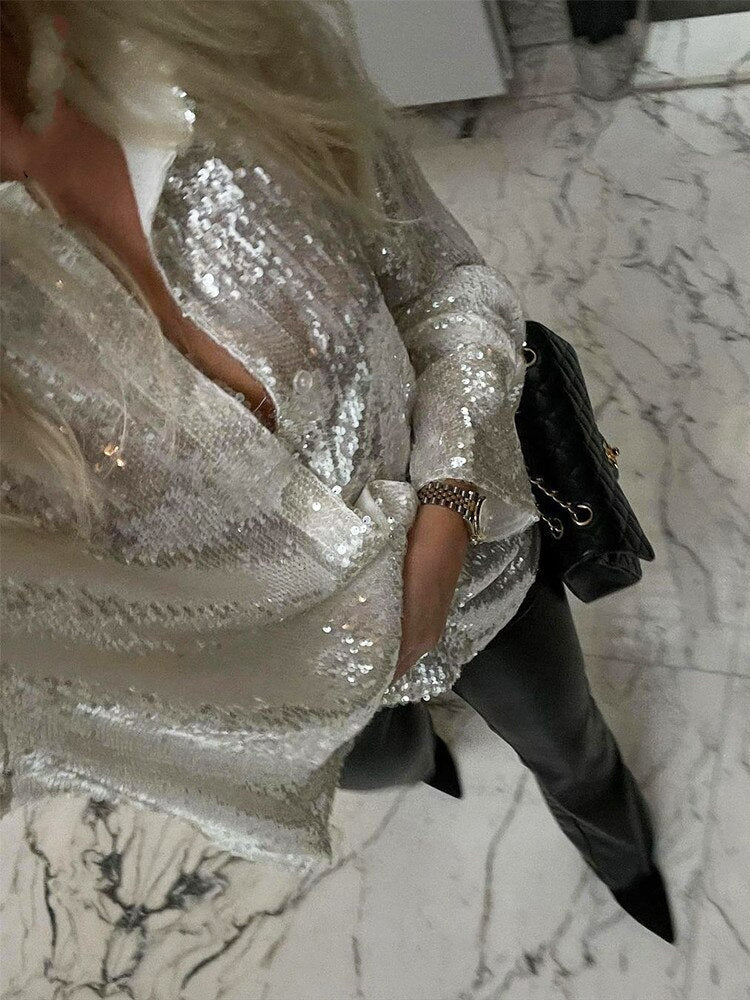 Chemisier oversize à sequins et boutonné pour femme