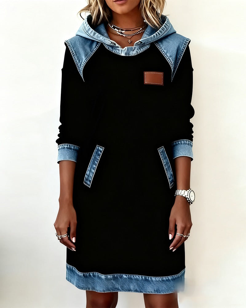 Women's Hooded Denim Accent Sweatshirt Dress with Pockets