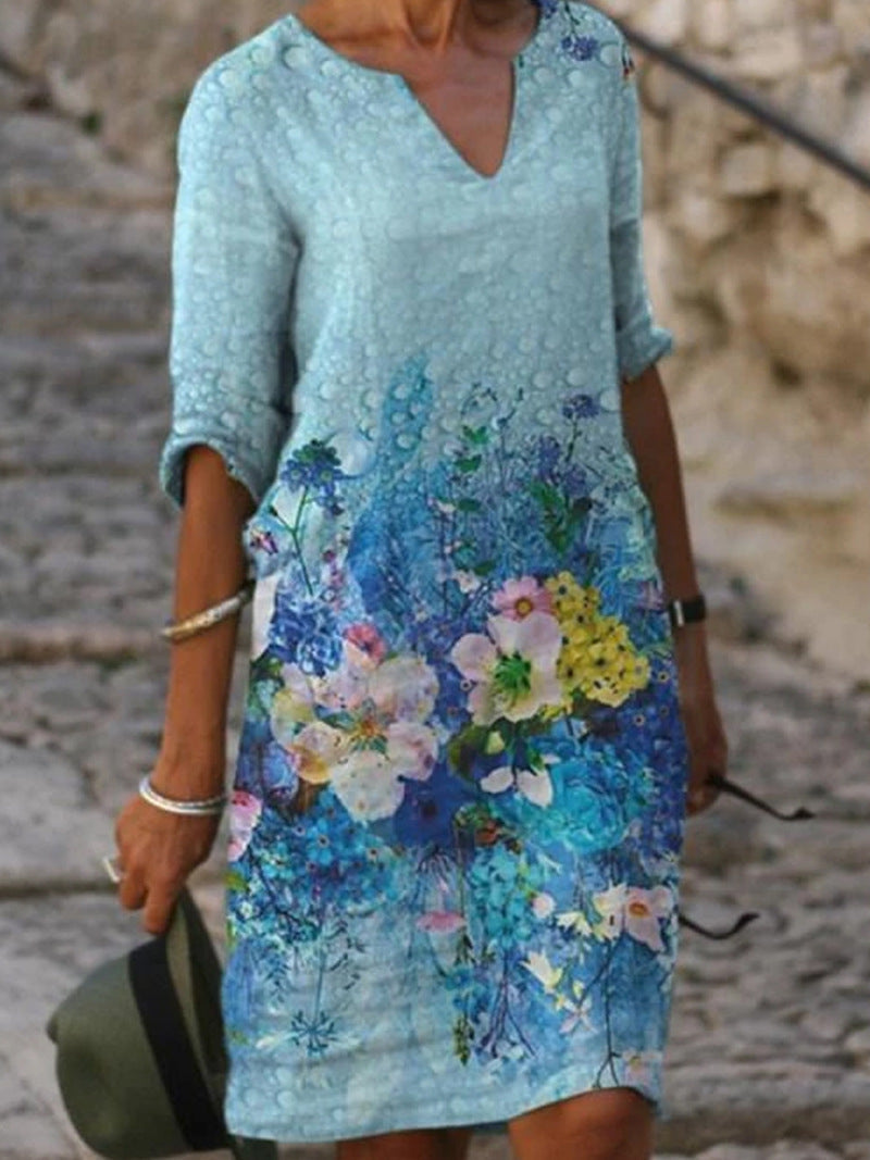 Women’s 3/4 Sleeve V-Neck Tunic Mini Dress